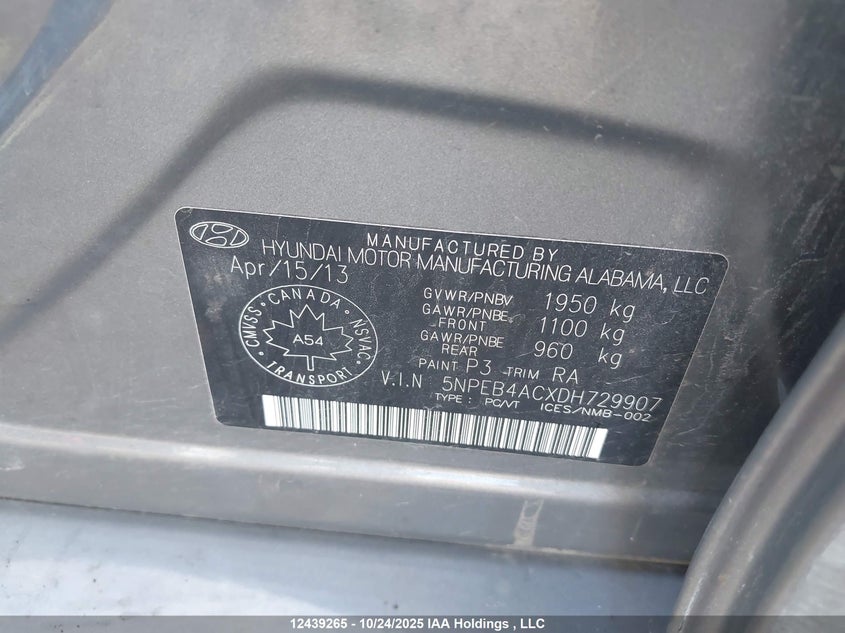 2013 Hyundai Sonata Gls VIN: 5NPEB4ACXDH729907 Lot: 12439265