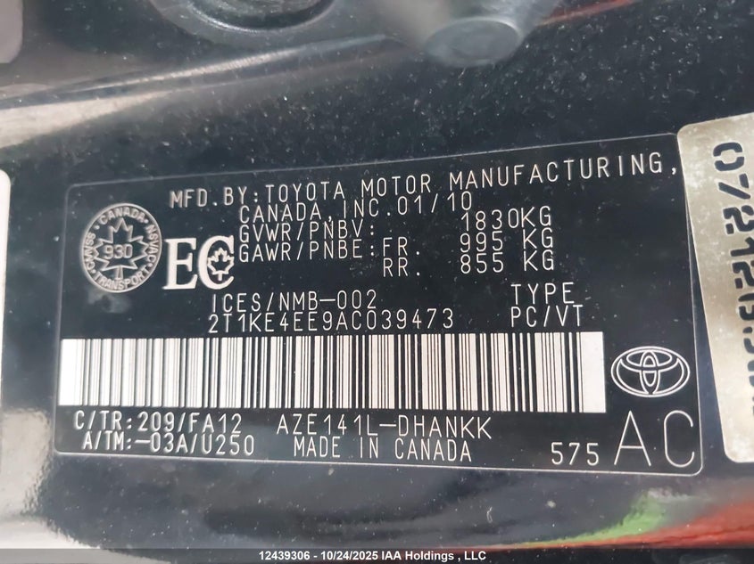 2010 Toyota Corolla Matrix S VIN: 2T1KE4EE9AC039473 Lot: 12439306