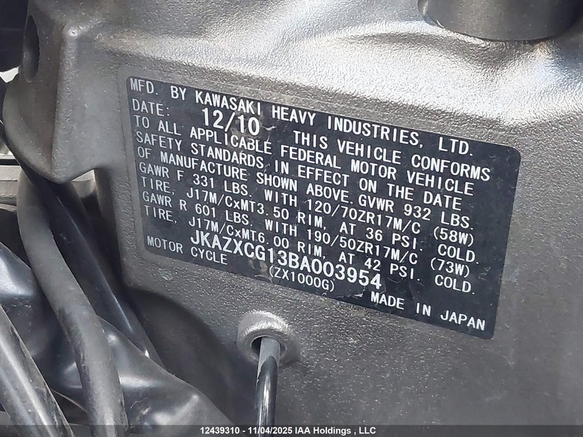 2011 Kawasaki Zx1000 G VIN: JKAZXCG13BA003954 Lot: 12439310