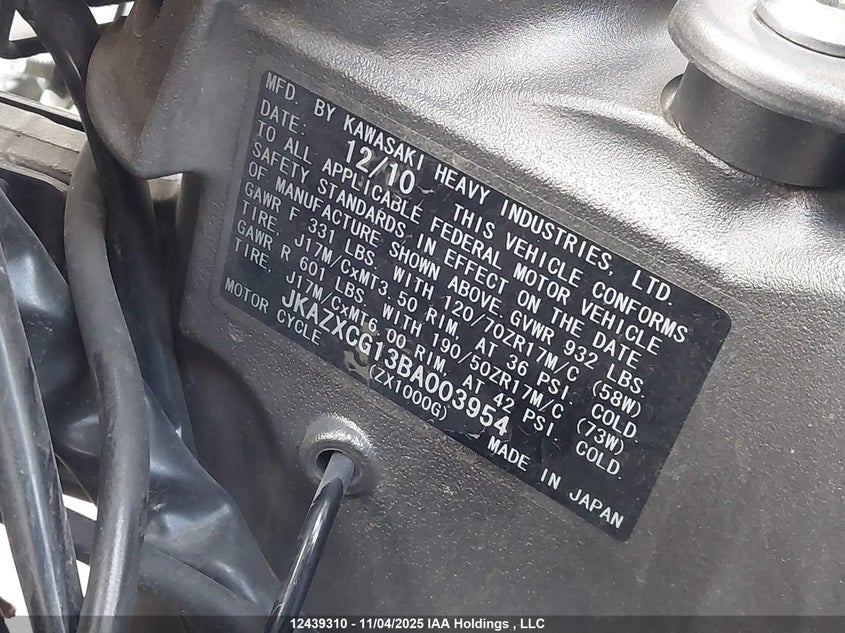 2011 Kawasaki Zx1000 G VIN: JKAZXCG13BA003954 Lot: 12439310