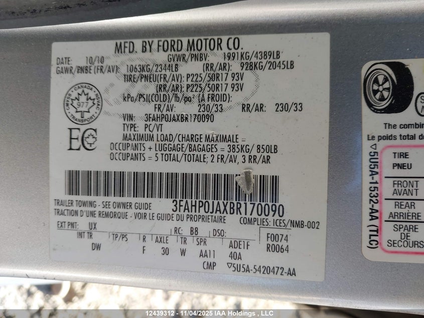 2011 Ford Fusion Sel VIN: 3FAHP0JAXBR170090 Lot: 12439312