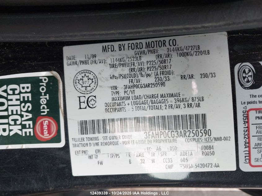 2010 Ford Fusion Sel VIN: 3FAHP0CG3AR250590 Lot: 12439339