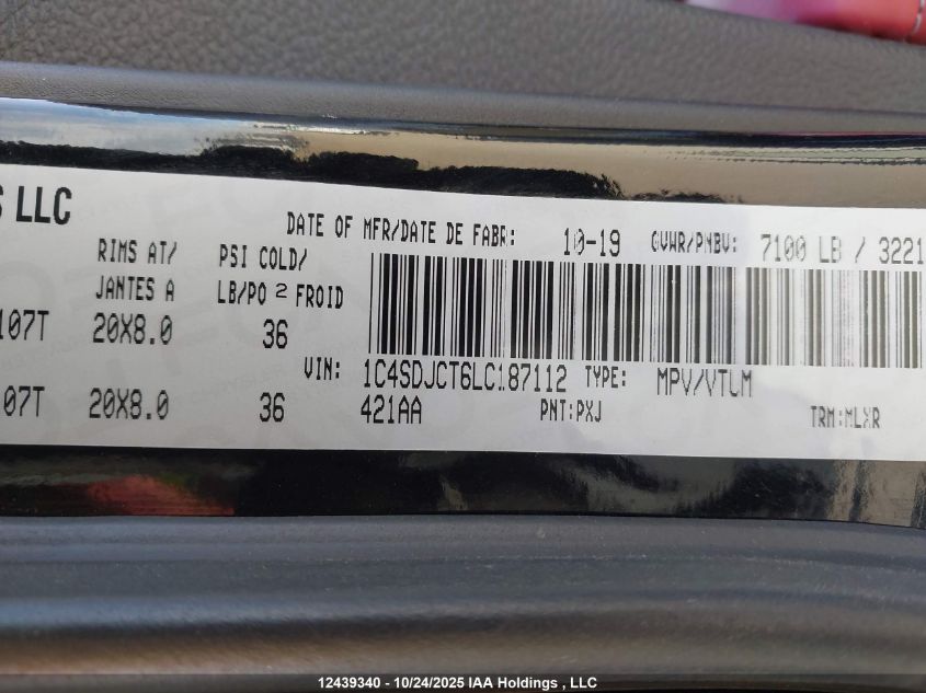 2020 Dodge Durango R/T VIN: 1C4SDJCT6LC187112 Lot: 12439340