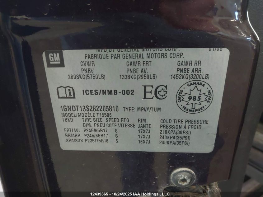 2008 Chevrolet Trailblazer Lt1/Lt3 VIN: 1GNDT13S282205810 Lot: 12439365