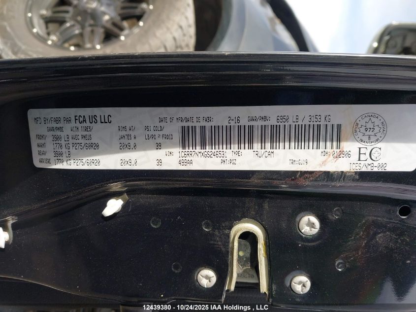 2016 Ram 1500 Laramie VIN: 1C6RR7NMXGS246531 Lot: 12439380