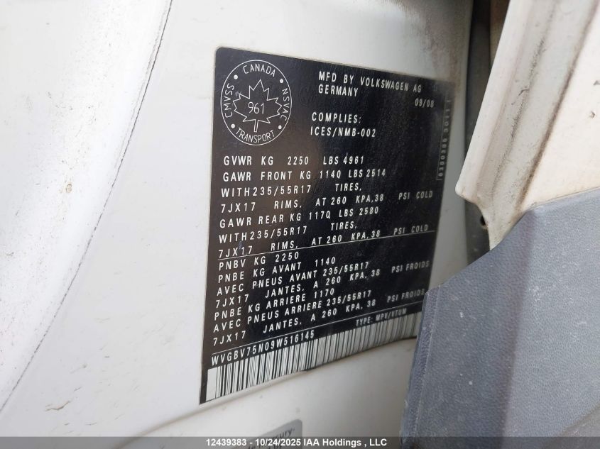 2009 Volkswagen Tiguan Se/Sel VIN: WVGBV75N09W516145 Lot: 12439383