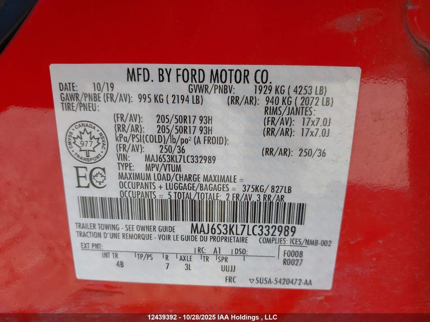 MAJ6S3KL7LC332989 2020 FORD ECOSPORT photo no. 9