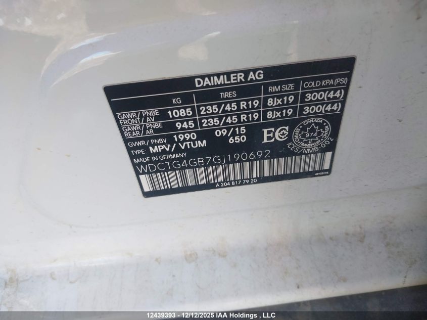 2016 Mercedes-Benz Gla 250 4Matic VIN: WDCTG4GB7GJ190692 Lot: 12439393