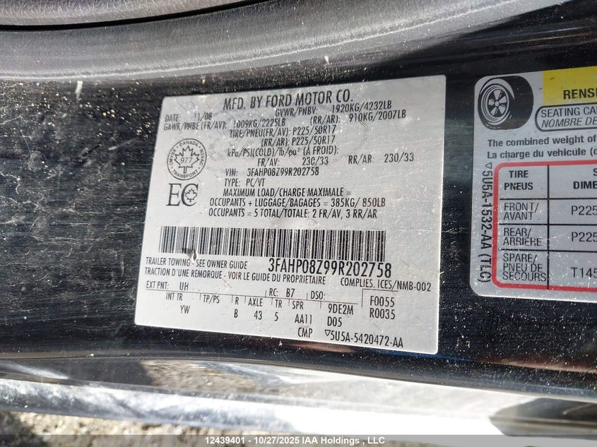 3FAHP08Z99R202758 2009 FORD FUSION photo no. 9