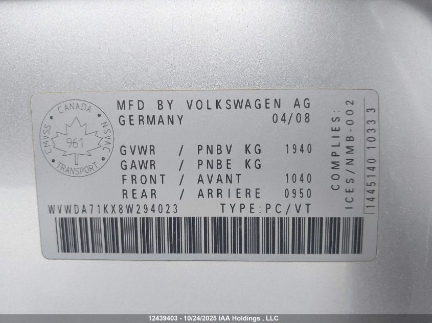 2008 Volkswagen Rabbit VIN: WVWDA71KX8W294023 Lot: 12439403