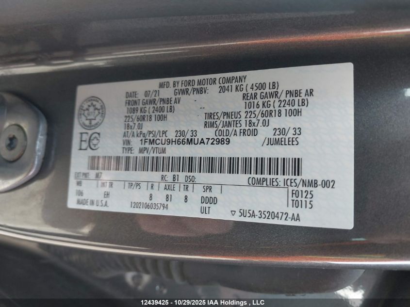 2021 Ford Escape Sel VIN: 1FMCU9H66MUA72989 Lot: 12439425