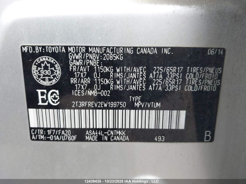 2014 Toyota Rav4 Xle VIN: 2T3RFREV2EW199750 Lot: 12439435