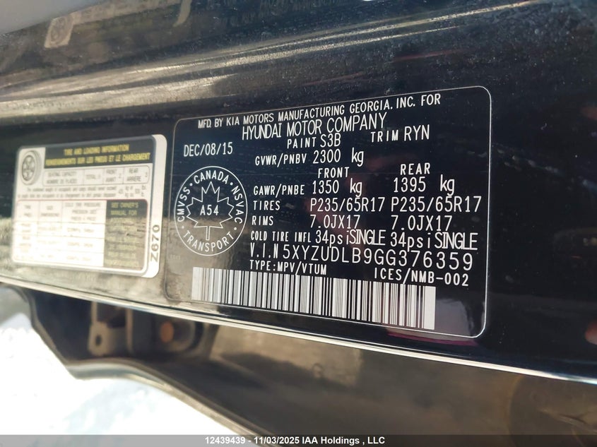 5XYZUDLB9GG376359 2016 HYUNDAI SANTA FE photo no. 9