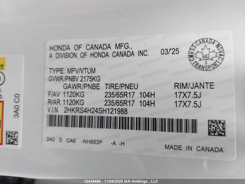 2025 Honda Cr-V Lx VIN: 2HKRS4H24SH121988 Lot: 12439466