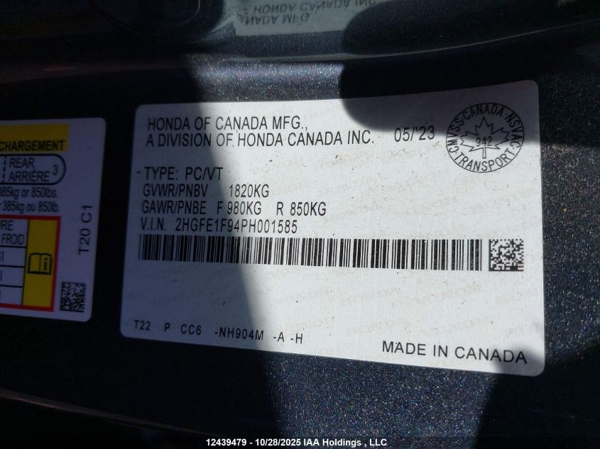2023 Honda Civic Touring VIN: 2HGFE1F94PH001585 Lot: 12439479