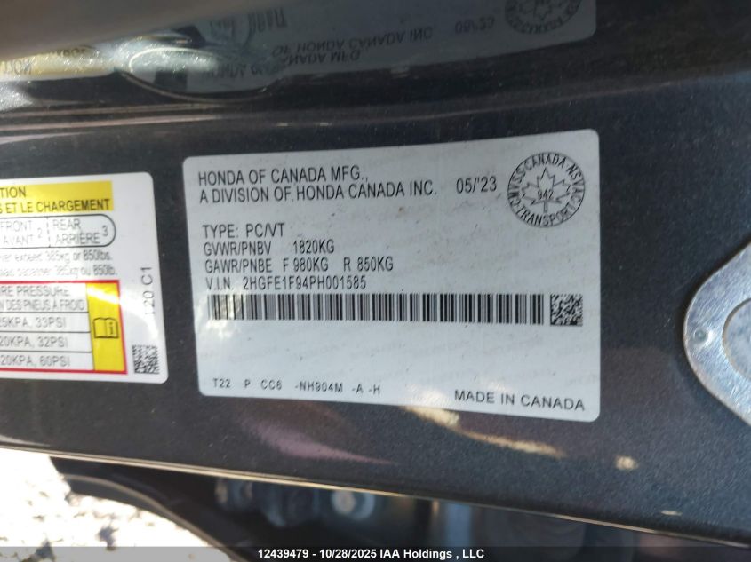 2023 Honda Civic Touring VIN: 2HGFE1F94PH001585 Lot: 12439479