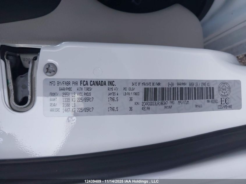 2020 Dodge Grand Caravan Crew Plus VIN: 2C4RDGDG3LR186347 Lot: 12439489