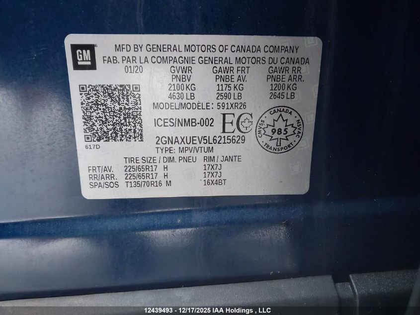 2020 Chevrolet Equinox Lt VIN: 2GNAXUEV5L6215629 Lot: 12439493
