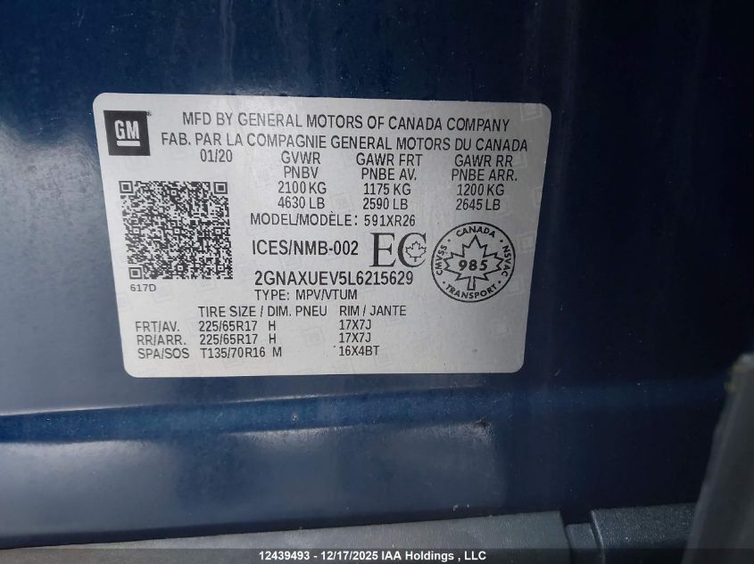 2020 Chevrolet Equinox Lt VIN: 2GNAXUEV5L6215629 Lot: 12439493