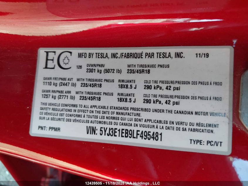 2020 Tesla Model 3 Long Range VIN: 5YJ3E1EB9LF495481 Lot: 12439505