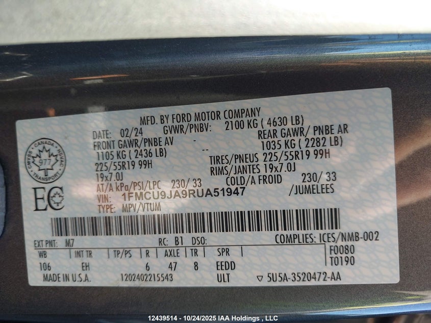 1FMCU9JA9RUA51947 2024 FORD ESCAPE photo no. 9