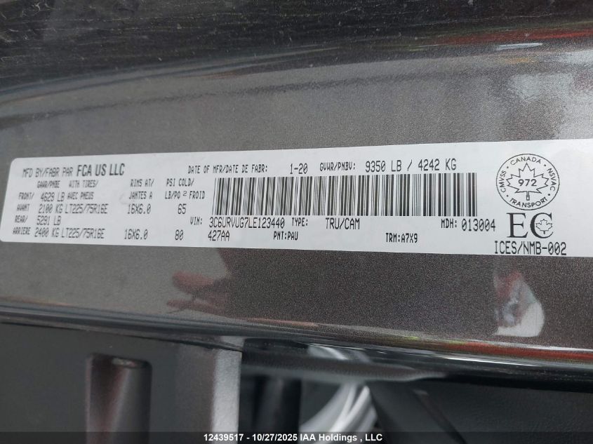 2020 Ram Promaster 3500 Window Van High Roof Extended 159 In. Wb VIN: 3C6URVUG7LE123440 Lot: 12439517
