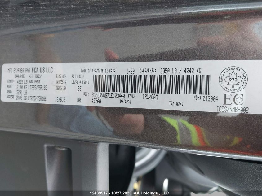 2020 Ram Promaster 3500 Window Van High Roof Extended 159 In. Wb VIN: 3C6URVUG7LE123440 Lot: 12439517