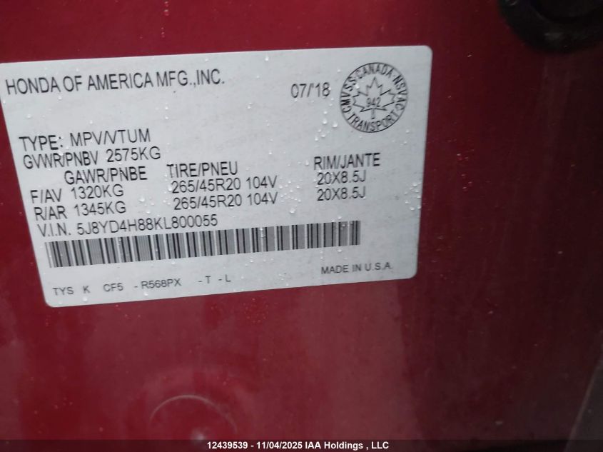 2019 Acura Mdx Advance VIN: 5J8YD4H88KL800055 Lot: 12439539