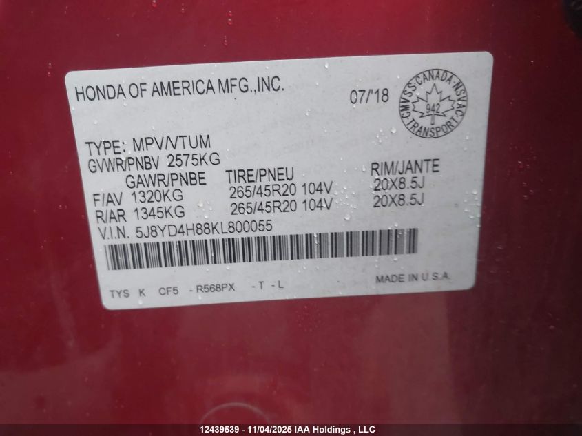 2019 Acura Mdx Advance VIN: 5J8YD4H88KL800055 Lot: 12439539