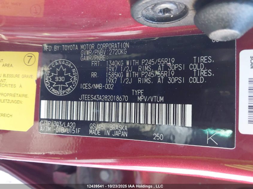 2008 Toyota Highlander V6 Sport VIN: JTEES43A282018670 Lot: 12439541