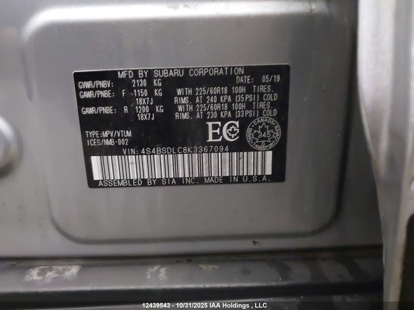 4S4BSDLC8K3367094 2019 SUBARU OUTBACK photo no. 9