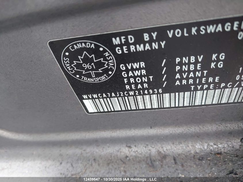 2012 Volkswagen Golf 2.5L Comfortline/2.5L Highline/2.5L Sportline/2.5L Trendline VIN: WVWCA7AJ2CW214936 Lot: 12439547