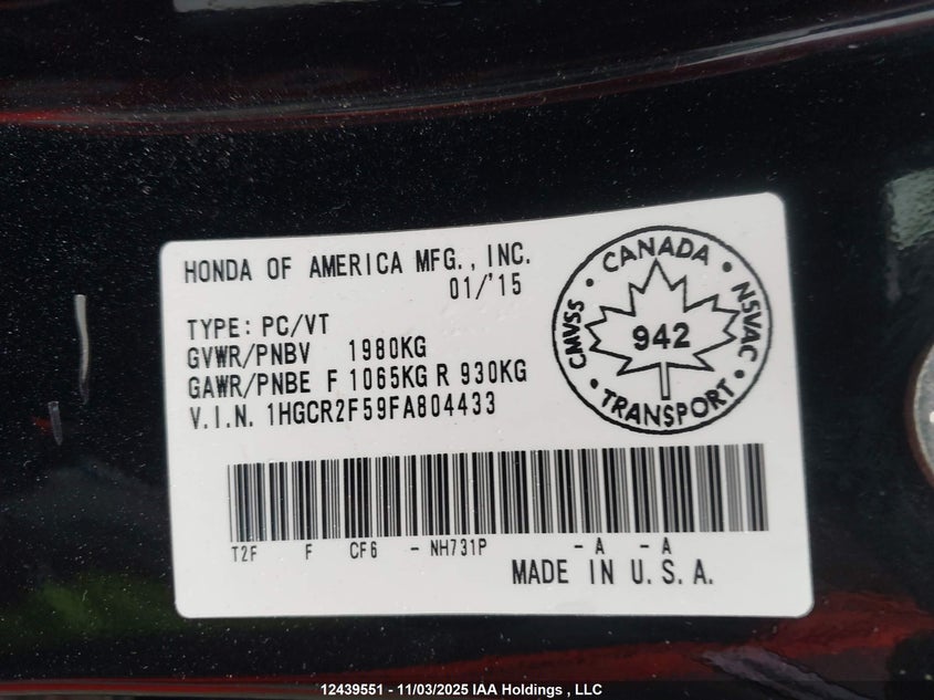 1HGCR2F59FA804433 2015 HONDA ACCORD photo no. 9