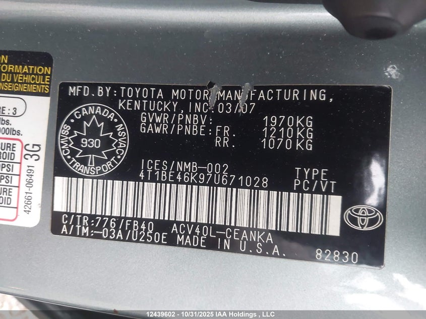 4T1BE46K97U671028 2007 TOYOTA CAMRY photo no. 9