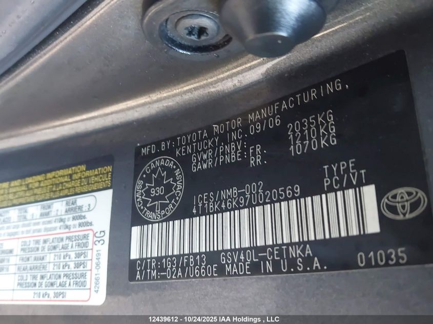 2007 Toyota Camry Le/Xle/Se VIN: 4T1BK46K97U020569 Lot: 12439612