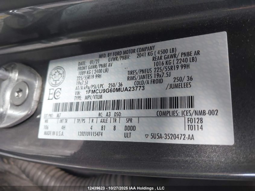 2021 Ford Escape Se VIN: 1FMCU9G60MUA23773 Lot: 12439623