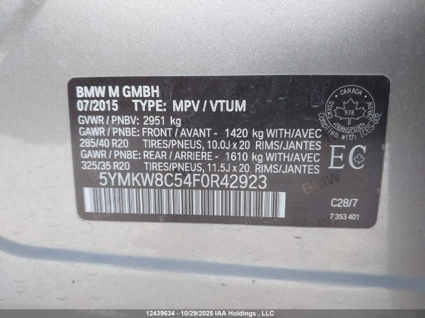 2015 BMW X6 M VIN: 5YMKW8C54F0R42923 Lot: 12439634