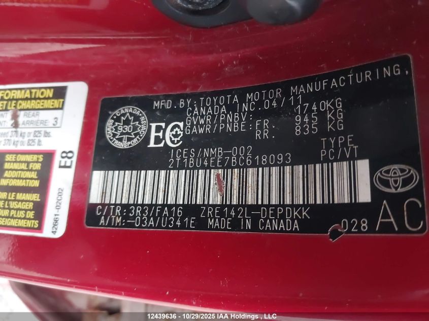 2011 Toyota Corolla Ce VIN: 2T1BU4EE7BC618093 Lot: 12439636