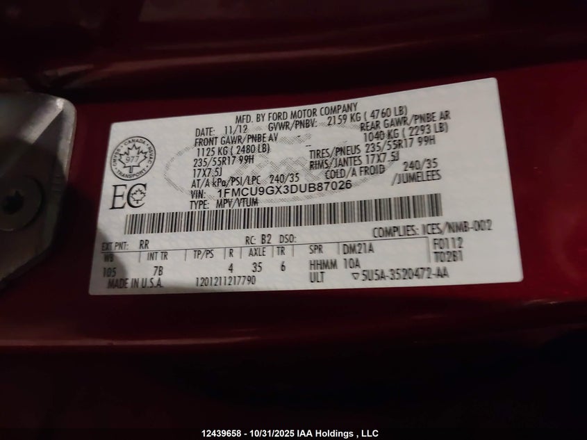 2013 Ford Escape Se VIN: 1FMCU9GX3DUB87026 Lot: 12439658