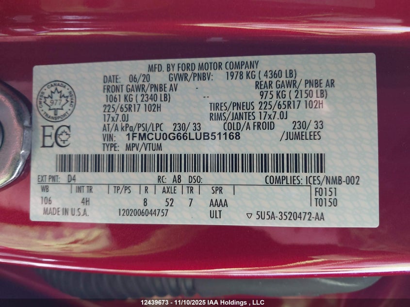 1FMCU0G66LUB51168 2020 FORD ESCAPE photo no. 9