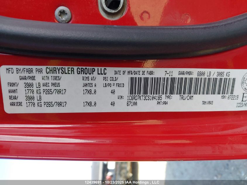 2012 Dodge Ram 1500 St VIN: 1C6RD7KT3CS104185 Lot: 12439691