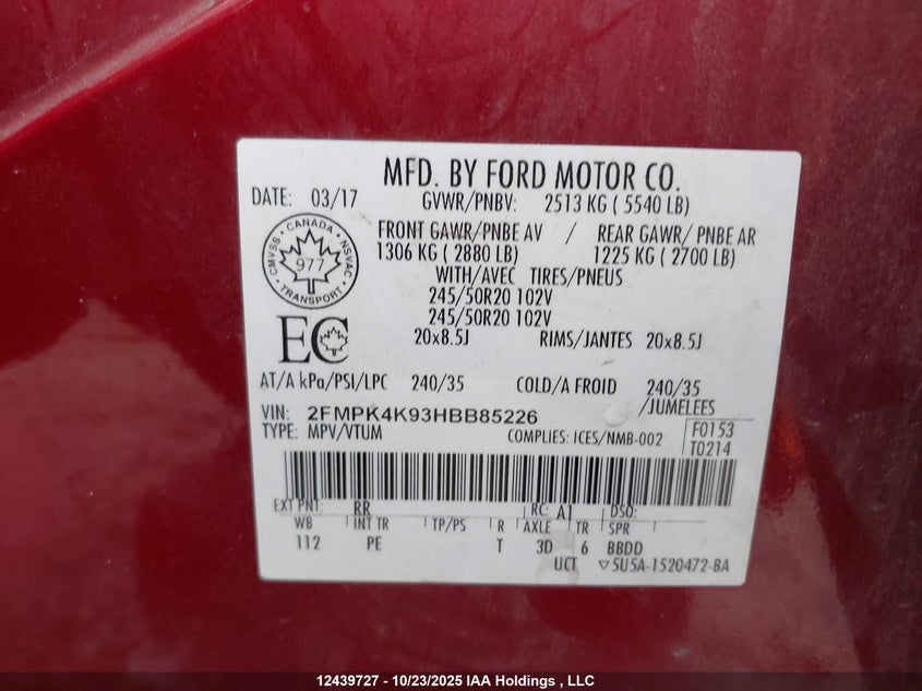 2FMPK4K93HBB85226 2017 FORD EDGE photo no. 9