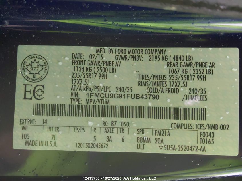 2015 Ford Escape Se VIN: 1FMCU9G91FUB43790 Lot: 12439730