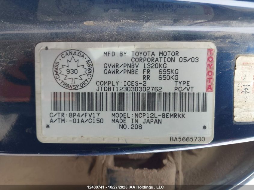 2003 Toyota Echo VIN: JTDBT123030302762 Lot: 12439741