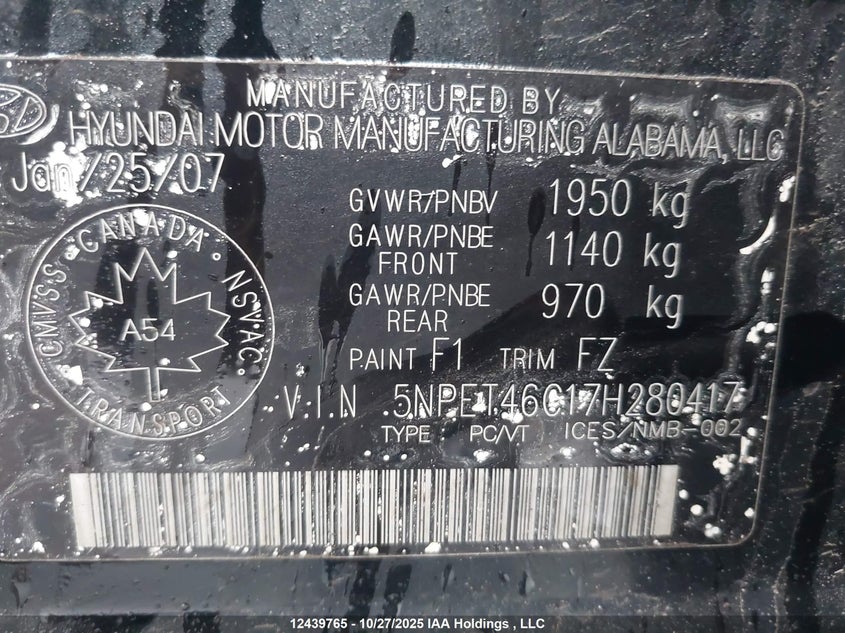 5NPET46C17H280417 2007 HYUNDAI SONATA photo no. 9
