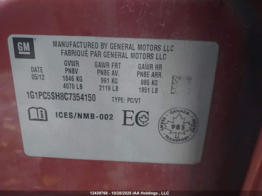 2012 Chevrolet Cruze Ls VIN: 1G1PC5SH8C7354150 Lot: 12439768