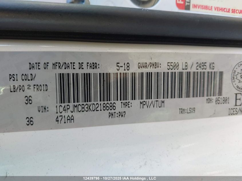 2019 Jeep Cherokee Latitude VIN: 1C4PJMCB3KD218686 Lot: 12439795