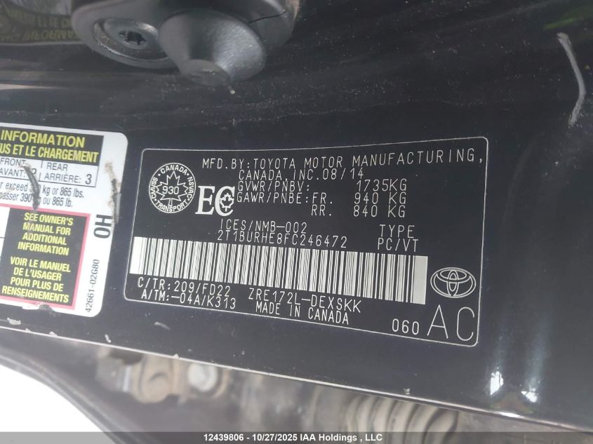 2015 Toyota Corolla S VIN: 2T1BURHE8FC246472 Lot: 12439806