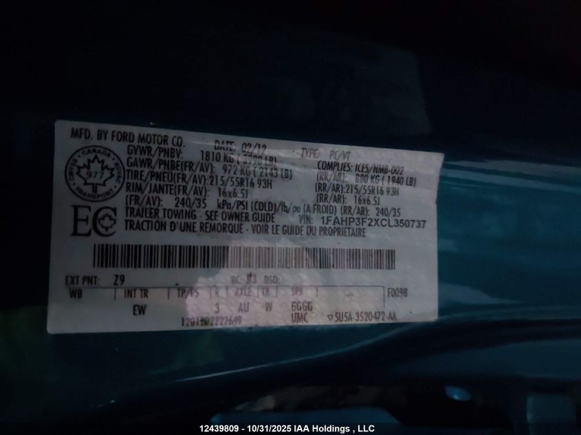 2012 Ford Focus Se VIN: 1FAHP3F2XCL350737 Lot: 12439809