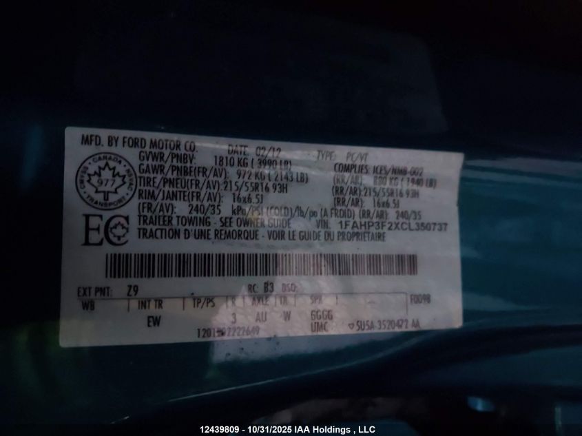 2012 Ford Focus Se VIN: 1FAHP3F2XCL350737 Lot: 12439809